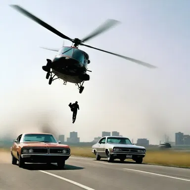 In the action movie, the villain's helicopter bears down on the hero's car, creating a suspenseful chase scene.