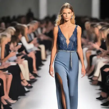The supermodel gracefully walked down the runway, her eyes fixed on the camera as she seemed to bear down on the audience with her elegant presence.