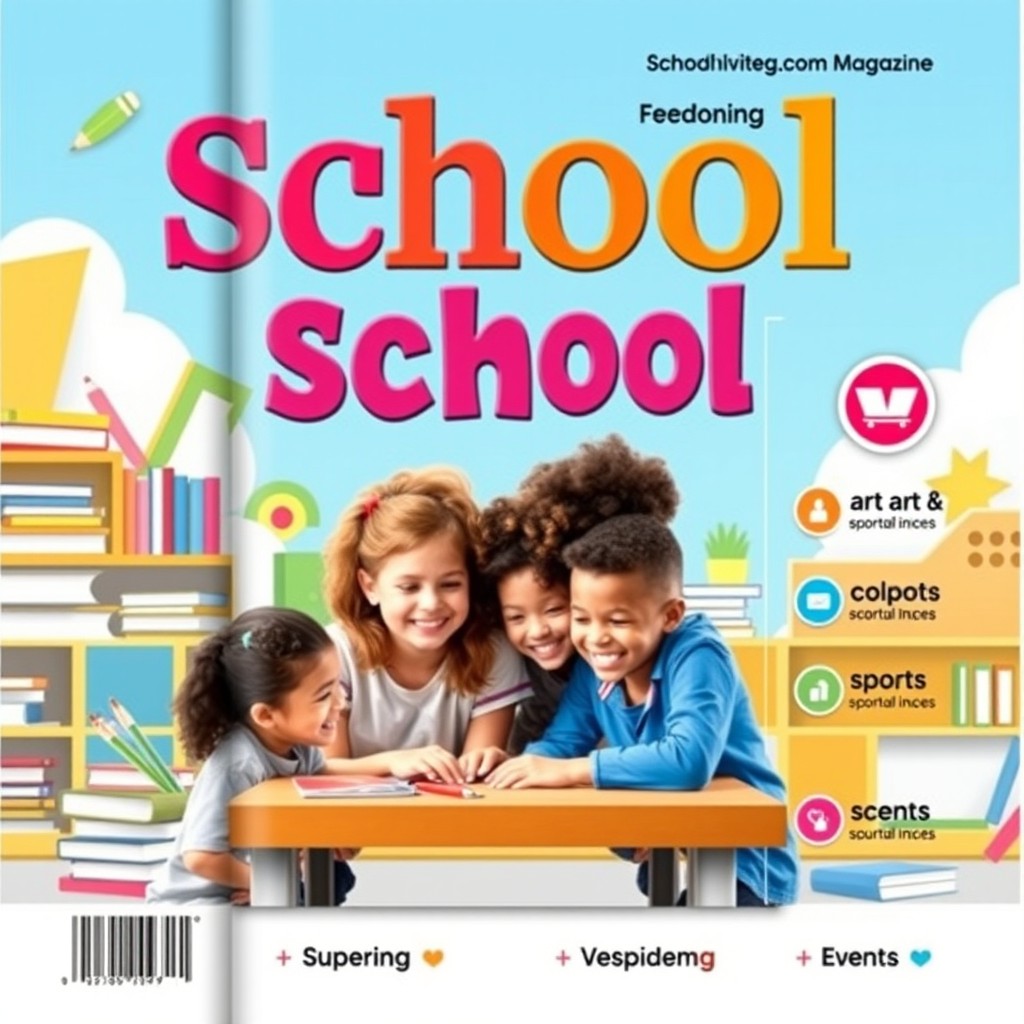 A creatively designed school magazine cover featuring a vibrant and engaging layout