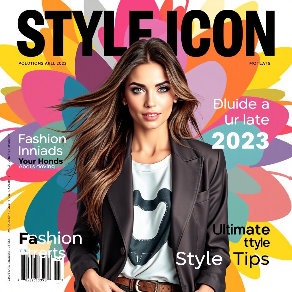 A vibrant magazine cover design featuring a stylish and confident woman in her late 20s