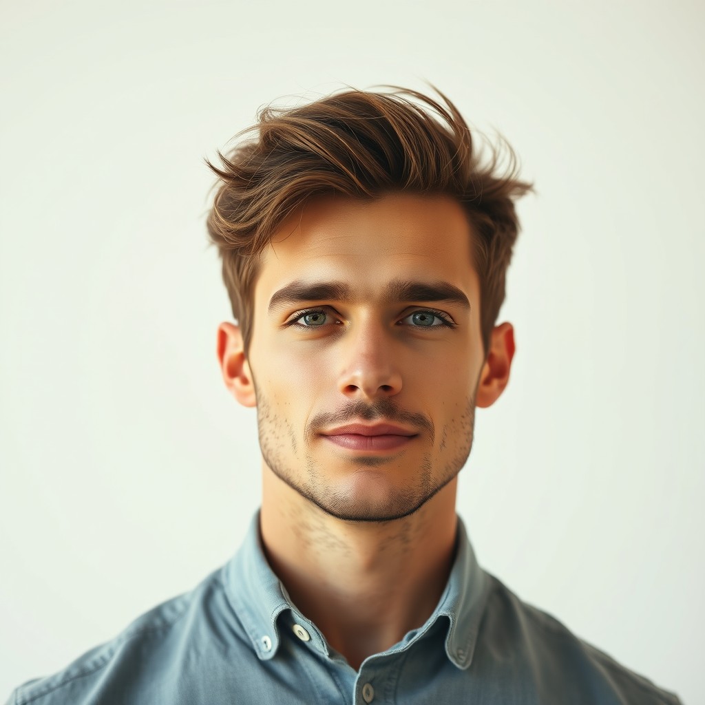 A subtly handsome male portrait featuring a man with a relaxed expression and a natural hairstyle