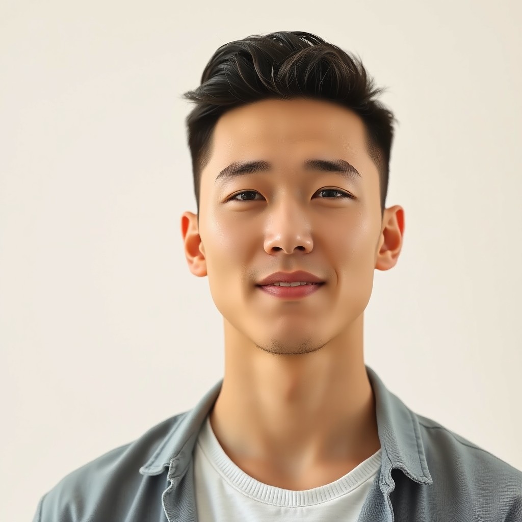 A subtly handsome portrait of a Korean man featuring a relaxed expression and a natural hairstyle