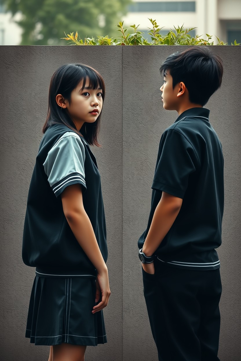Two teenagers in high school uniforms standing back to back in front of a tall wall, symbolizing their separation