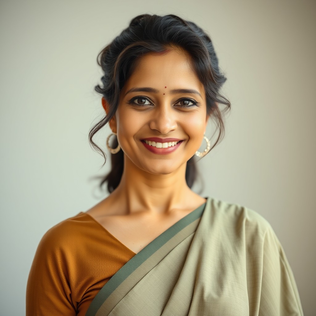 A portrait of a mid-aged Indian woman, around 30 years old, with a fit physique, embodying the elegance and authenticity of a housewife