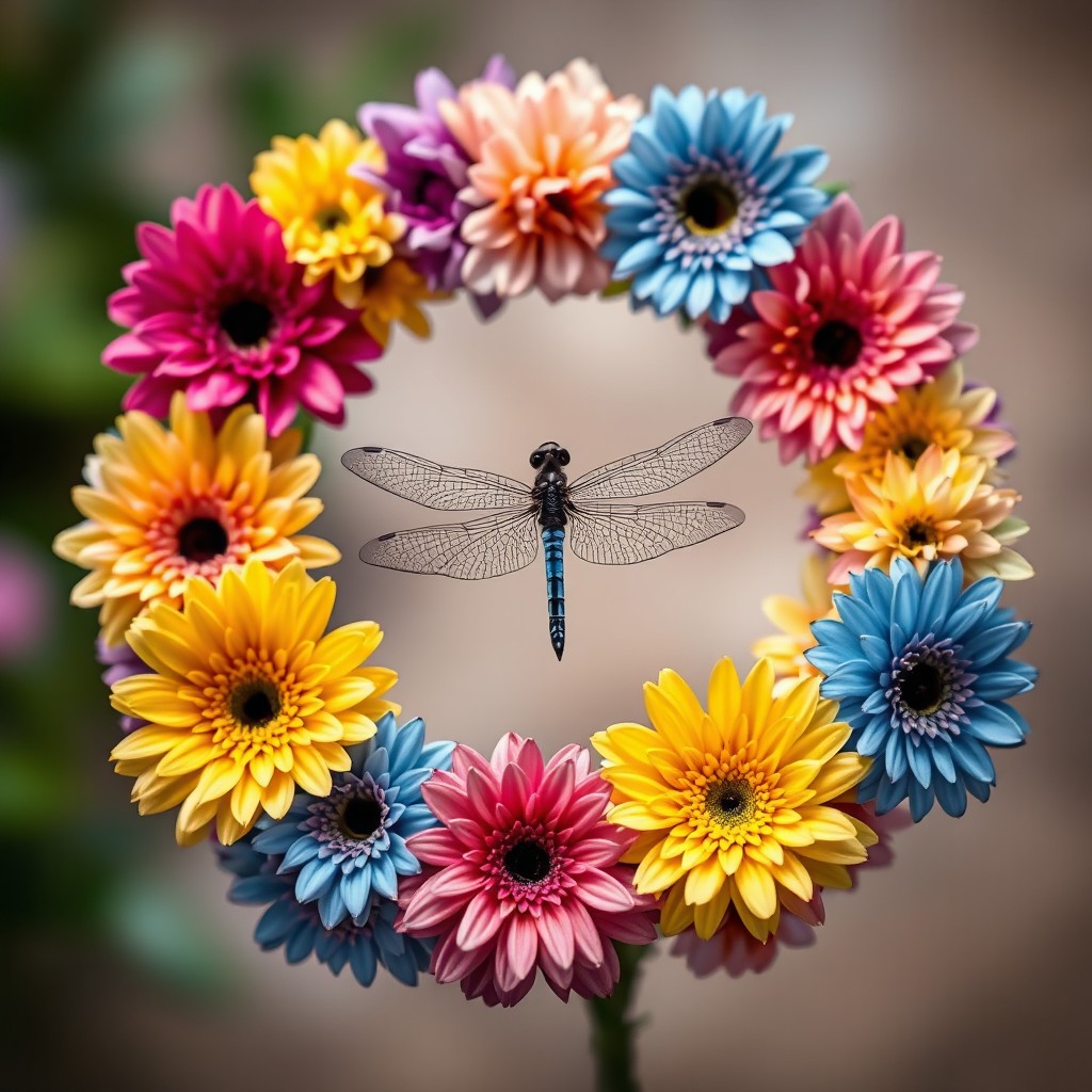 A beautiful arrangement of colorful flowers forming a perfect circle, with lush petals in various shades of pink, yellow, blue, and purple