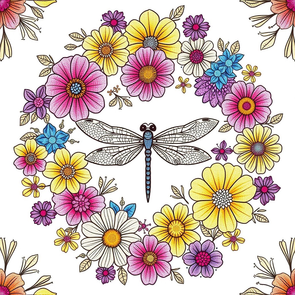 A seamless pattern for hand-stitch embroidery featuring a circular arrangement of diverse flowers