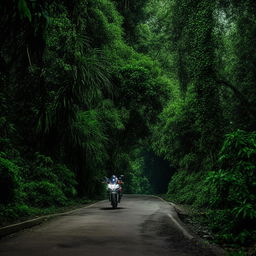 Visualize a scenic aesthetic of Honda CB Hornet 160R motorcycle on a jungle highway. The lush greenery and scenic view make it stand out dramatically.