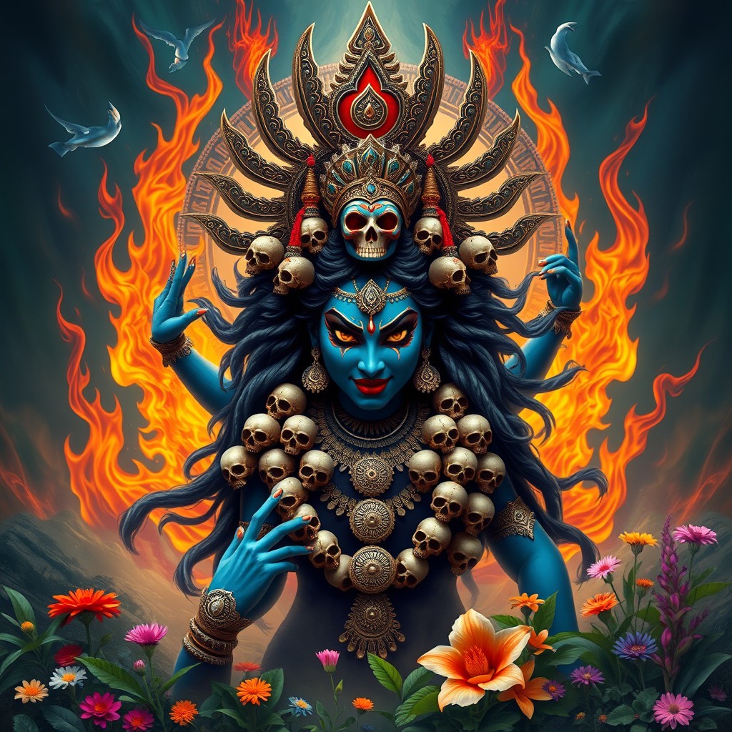 A stunning depiction of Goddess Kali, the fierce and powerful Hindu goddess known for her strength and protective nature