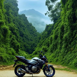 Visualize a scenic aesthetic of Honda CB Hornet 160R motorcycle on a jungle highway. The lush greenery and scenic view make it stand out dramatically.