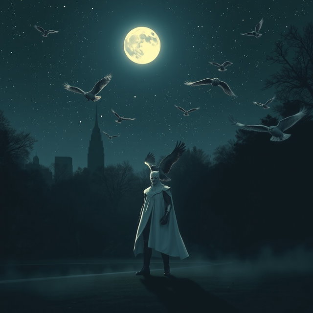 A nighttime scene in Central Park, New York, featuring Moon Knight standing tall and vigilant among the shadows of the trees
