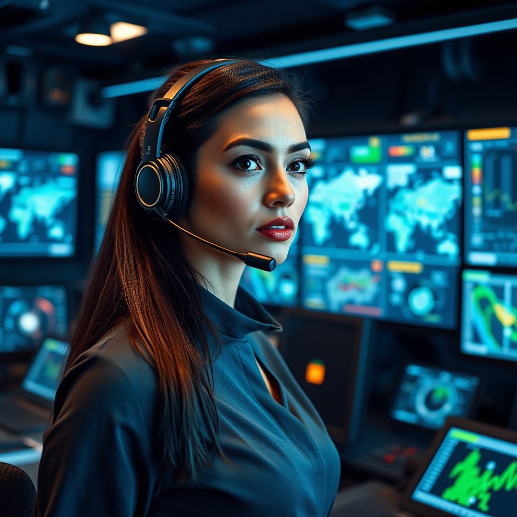 A stylish and confident woman dressed as a modern operator, wearing a fitted headset with a sleek microphone