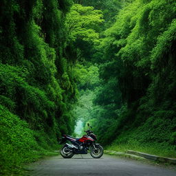 Visualize a scenic aesthetic of Honda CB Hornet 160R motorcycle on a jungle highway. The lush greenery and scenic view make it stand out dramatically.