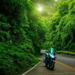 Visualize a scenic aesthetic of Honda CB Hornet 160R motorcycle on a jungle highway. The lush greenery and scenic view make it stand out dramatically.