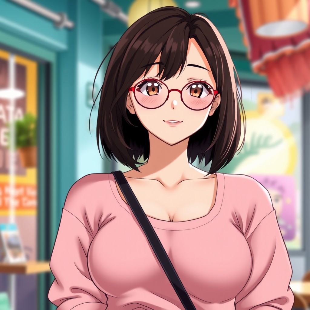An anime woman, 21 years old, with a curvaceous figure weighing 120 kg at a height of 170 cm