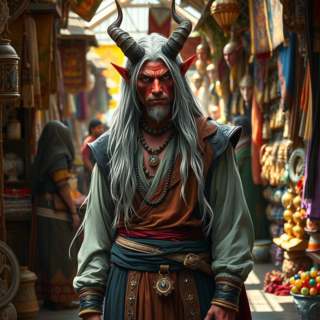 A striking Tiefling merchant with long silver hair, dressed in elegant attire that blends traditional and modern styles