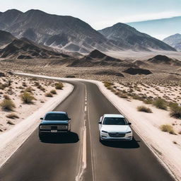 A black car and a white car both speeding fervently along a desert mountain road, their colors contrast strikingly against the desolate scenery