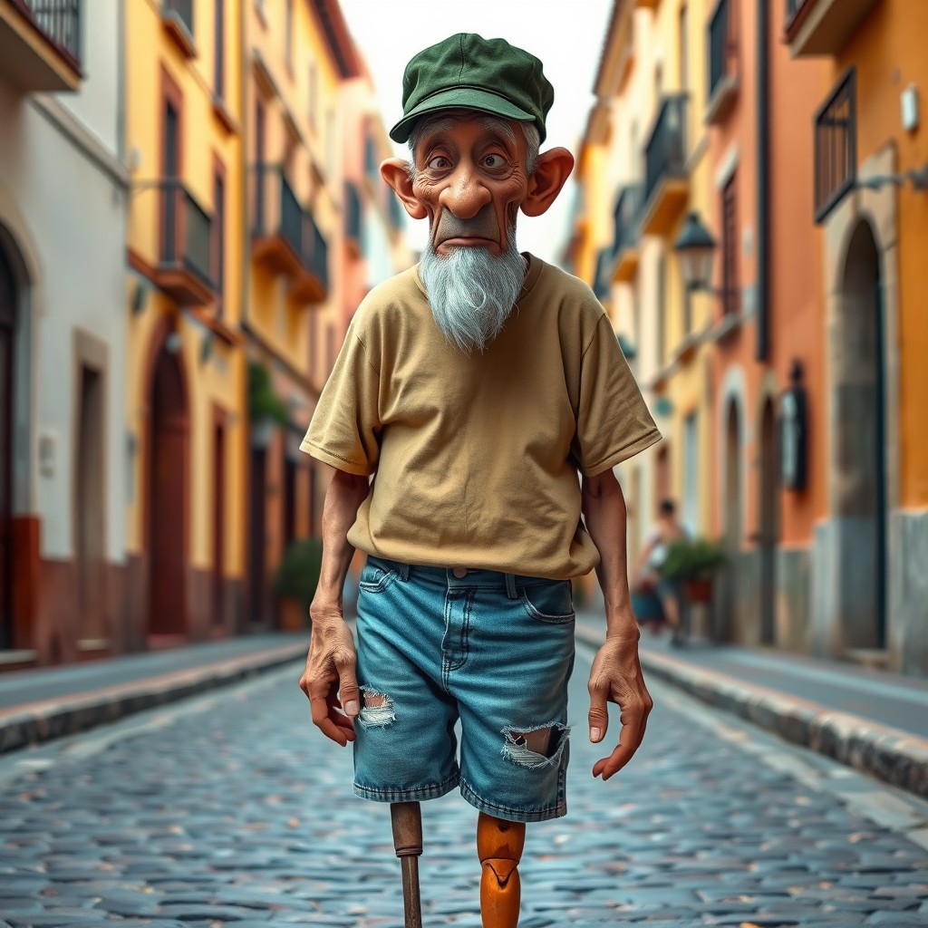 A depiction of an elderly bald character wearing a worn dark green square cap, a faded beige t-shirt, and sky blue ripped denim shorts