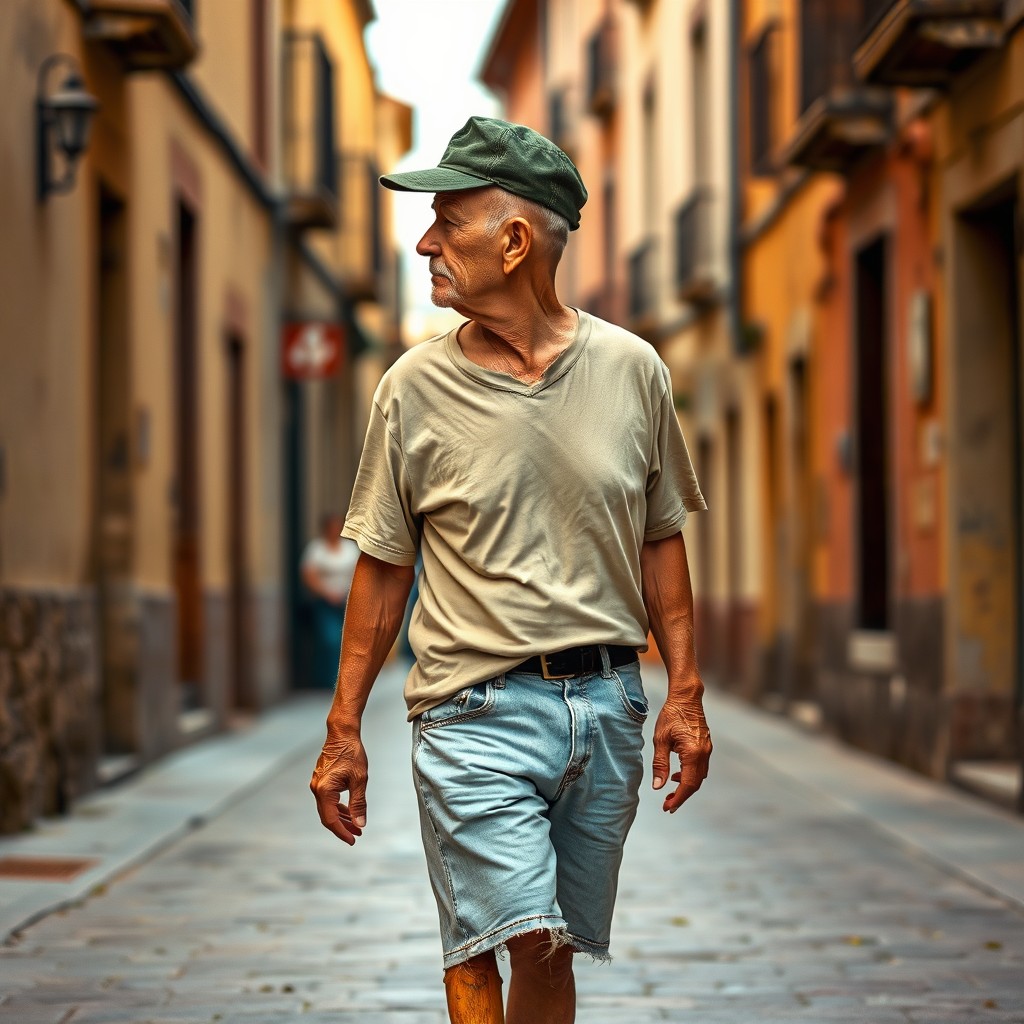An elderly bald man with a shaved head wearing an old, worn-out dark green square cap, a beige t-shirt, and light blue ripped denim shorts