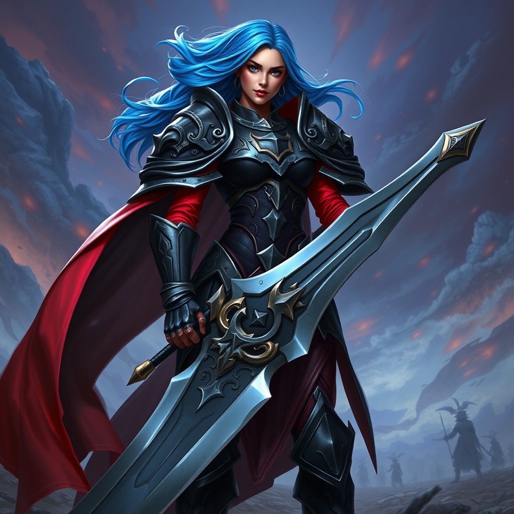 A female paladin clad in imposing dark armor, her skin a striking shade of red, and her hair flowing in vibrant blue