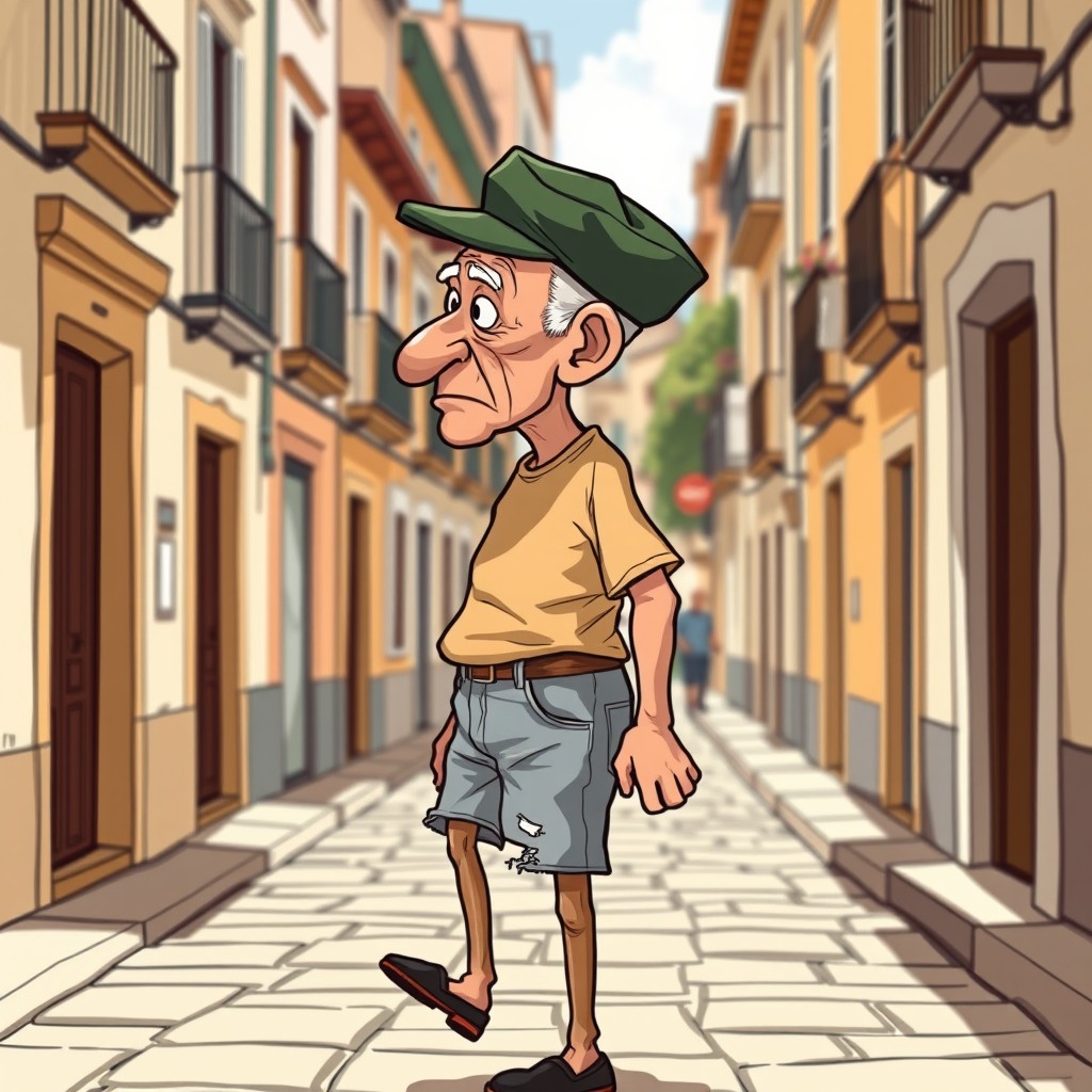 A cartoon depicting an old bald man who is clean-shaven, wearing a worn-out, dark green, square-shaped cap