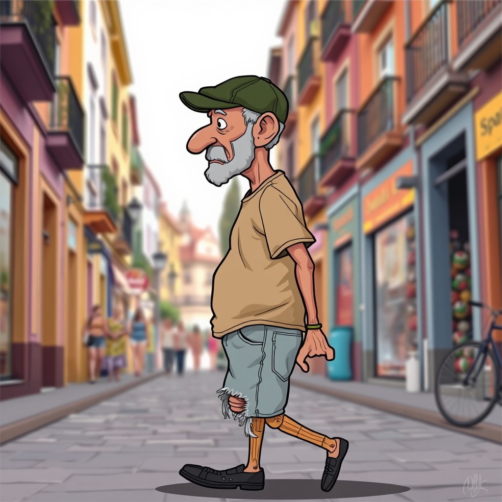 A cartoon depicting an old bald man with a clean-shaven head, wearing a worn-out dark green square cap