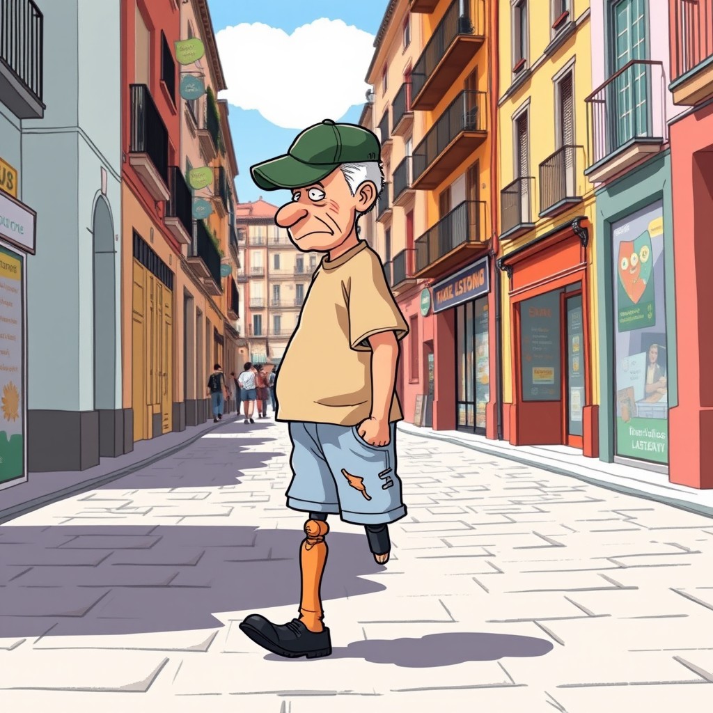 A cartoon of an old bald man with a shaved head, wearing a worn-out dark green square cap and a beige t-shirt