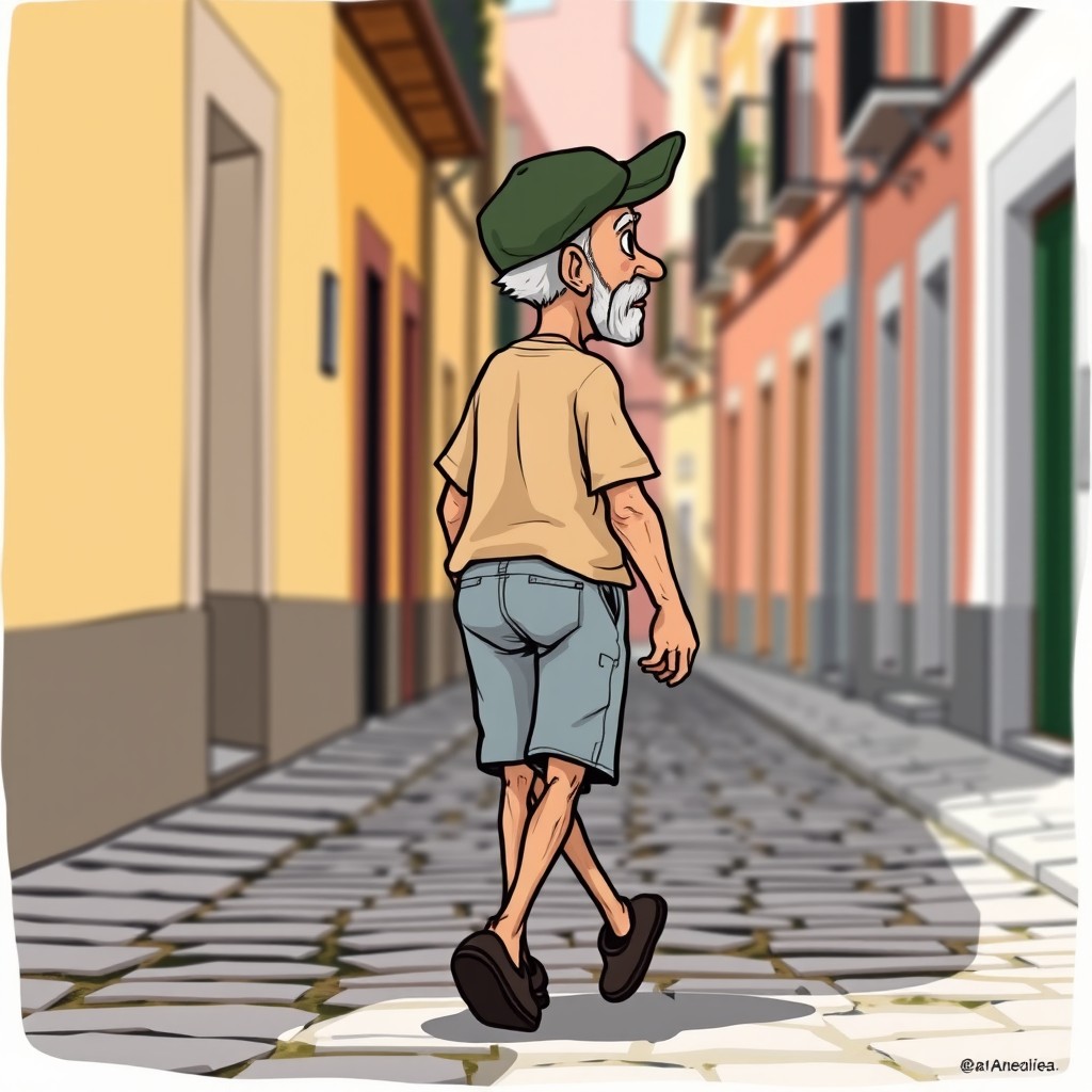A cartoon of an old bald man wearing a worn dark green square cap, a faded beige t-shirt, and light blue ripped denim shorts