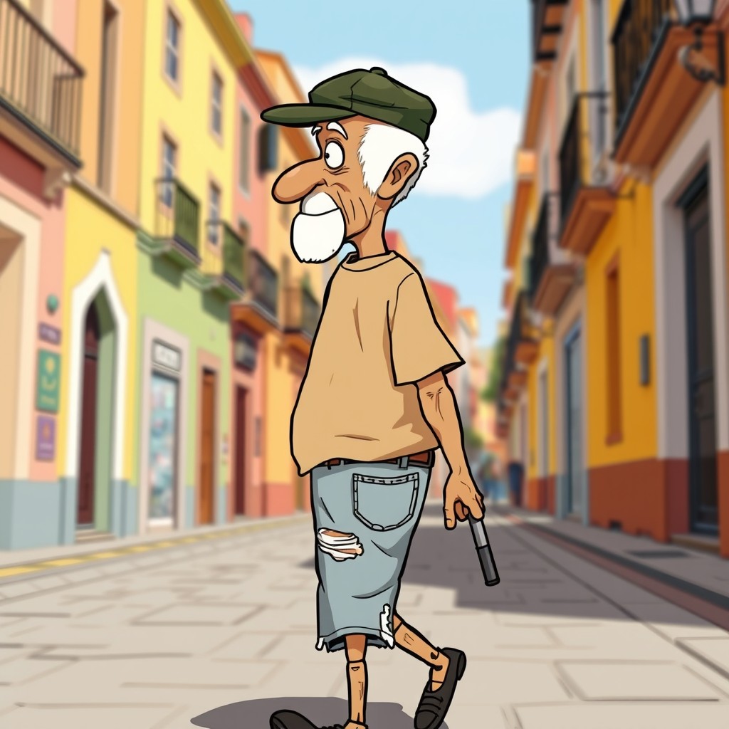 A cartoon of an old balding man with a shaved head, wearing an aged dark green square cap, a worn beige t-shirt, and light blue ripped denim shorts