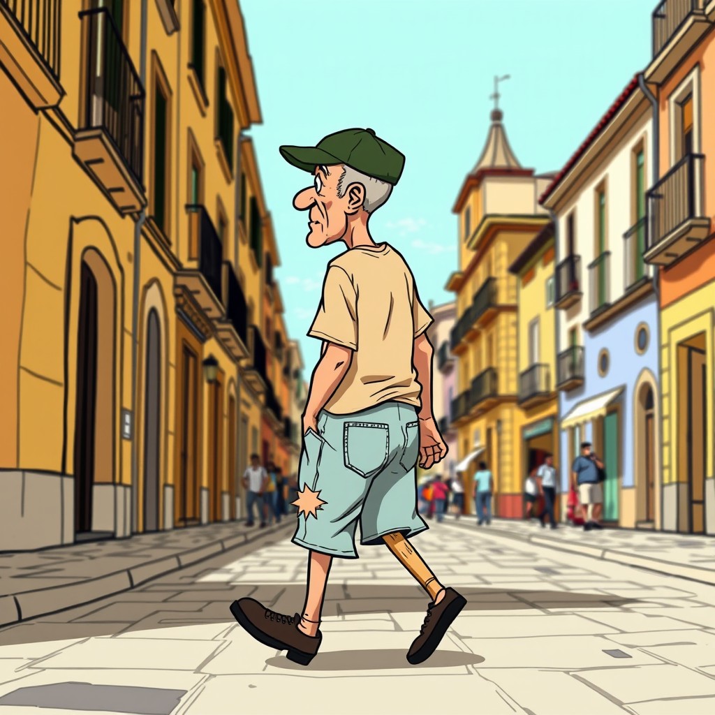 A cartoon depicting an old bald man with a shaven head, wearing a worn-out dark green square cap, a beige t-shirt, and light blue ripped denim shorts