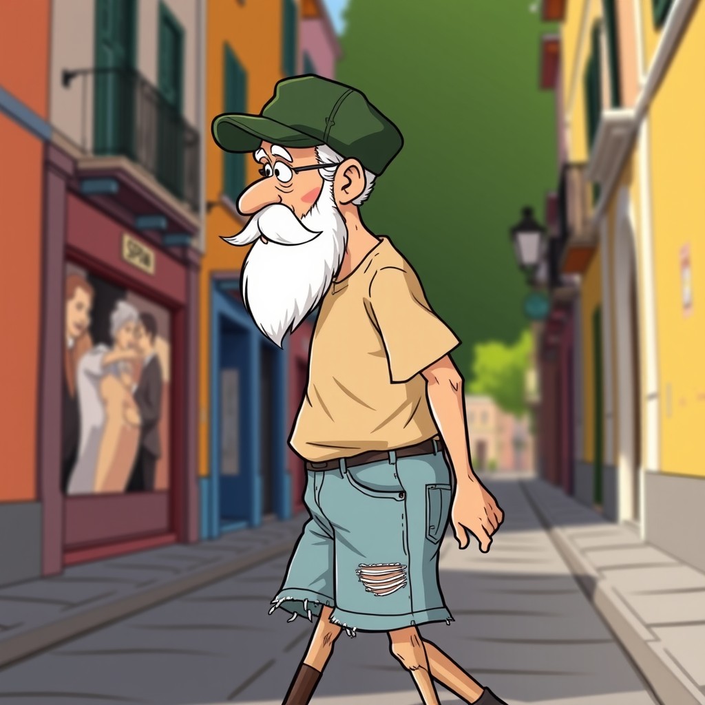 A cartoon of an old balding man with a well-groomed beard, wearing a dark green distressed square cap, a beige t-shirt, and light blue torn denim shorts