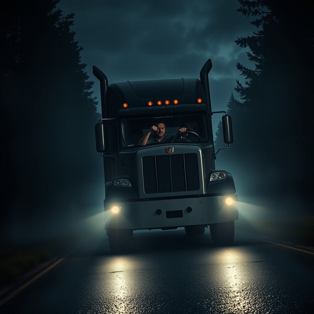 A terrifying scene featuring a large, imposing heavy transport truck driving down a dark, eerie road