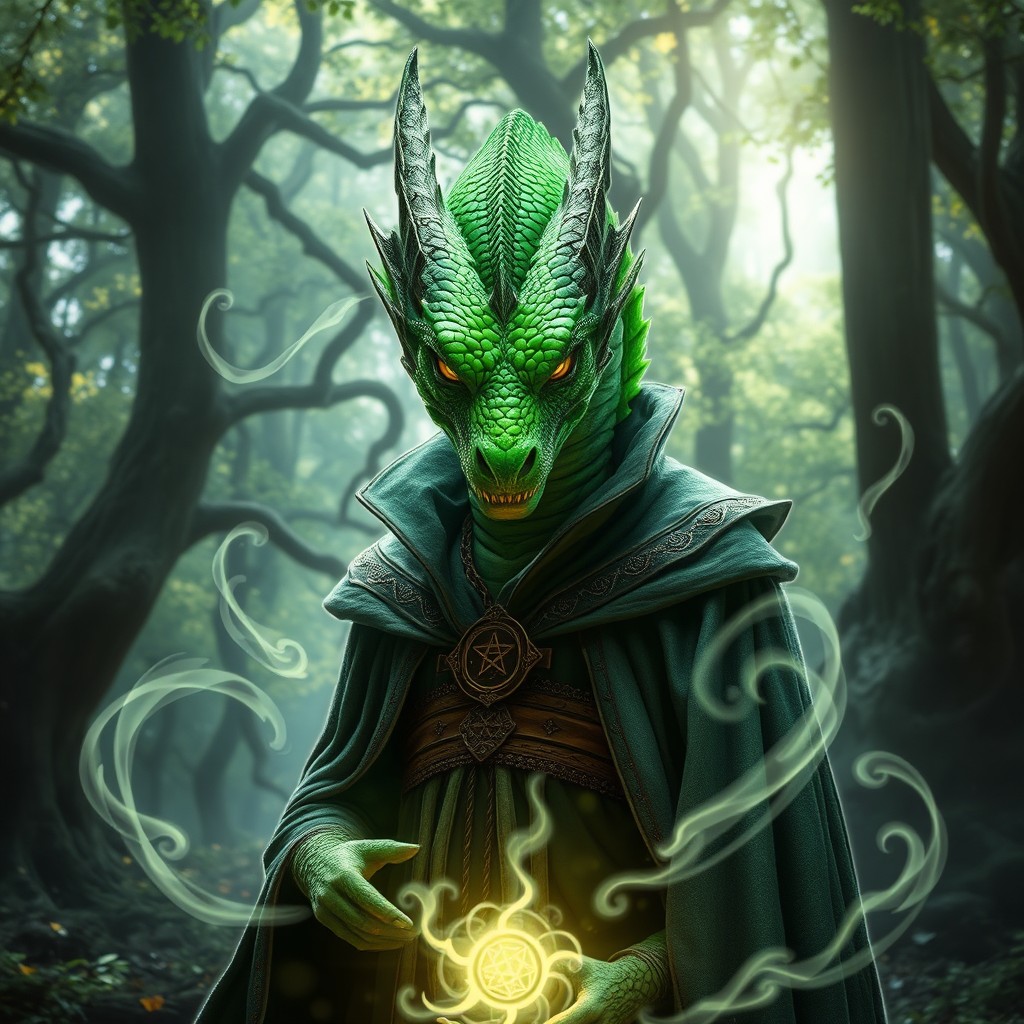 A majestic male draconic sorcerer standing in a mystical forest