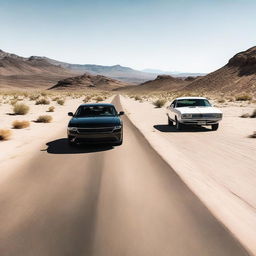 A black car and a white car both speeding fervently along a desert mountain road, their colors contrast strikingly against the desolate scenery