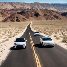 A black car and a white car both speeding fervently along a desert mountain road, their colors contrast strikingly against the desolate scenery