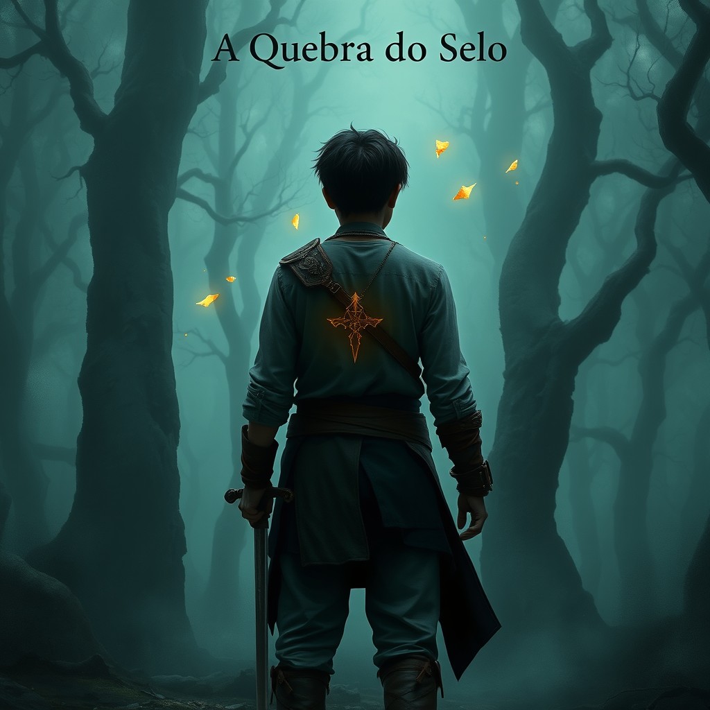 In the center of the image, a young solitary warrior stands with his back or partial profile visible, dressed in simple traveler's clothing and a slightly worn dark cloak