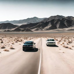 A black car and a white car both speeding fervently along a desert mountain road, their colors contrast strikingly against the desolate scenery