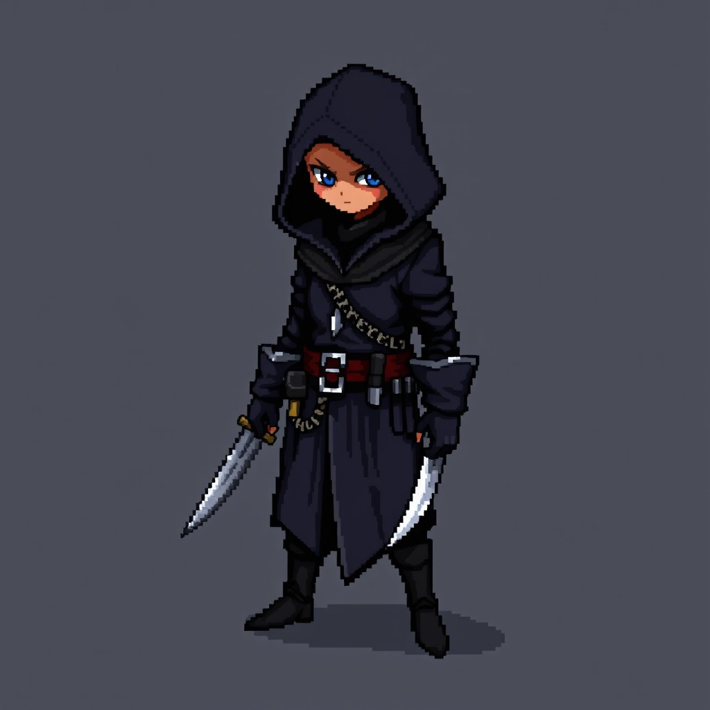 A 48x48 pixel art character depiction of an assassin, featuring a hooded figure dressed in dark clothes, blending into a shadowy background