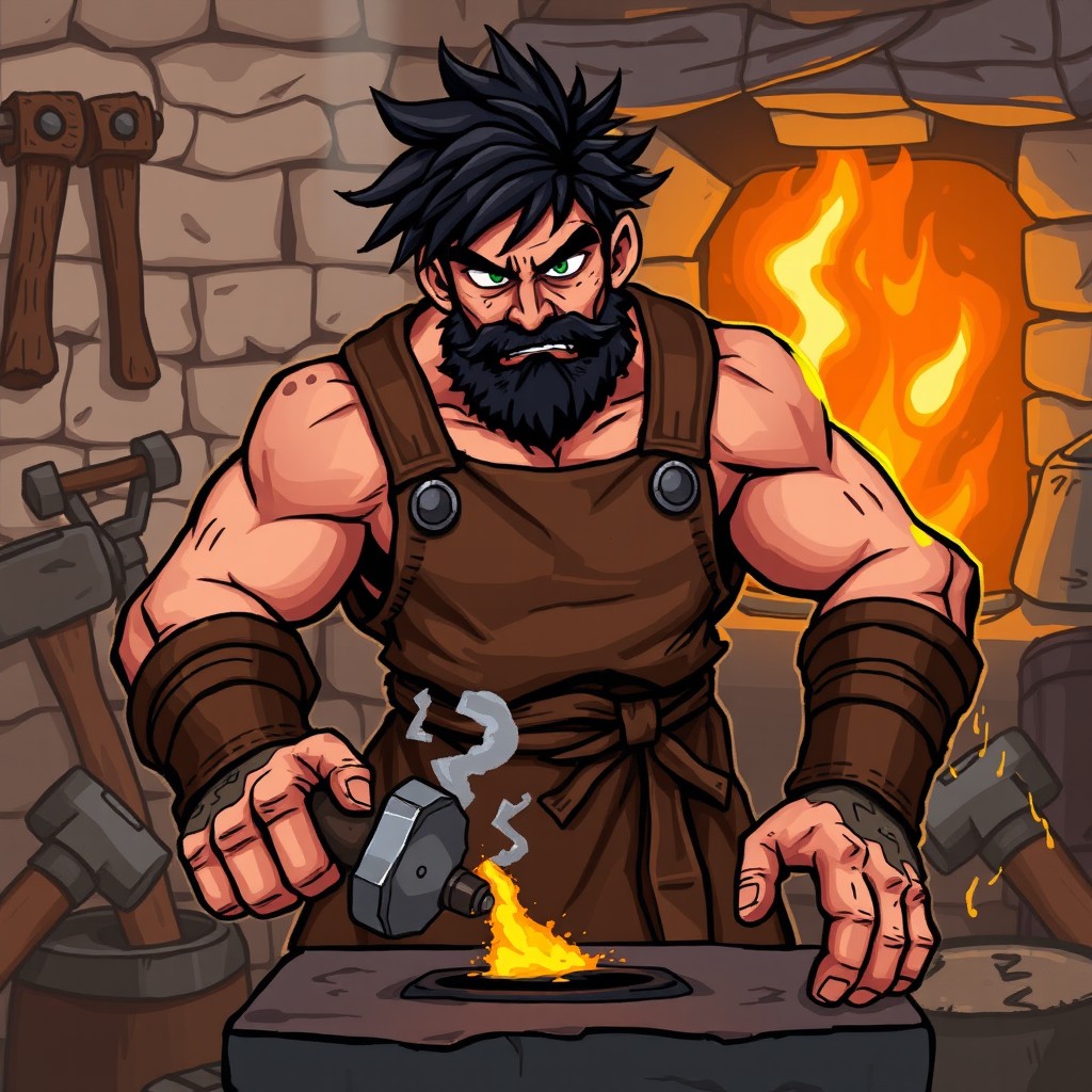 A detailed 48x48 character sheet of a blacksmith character, featuring a muscular man with a rugged appearance, wearing a leather apron over a simple tunic