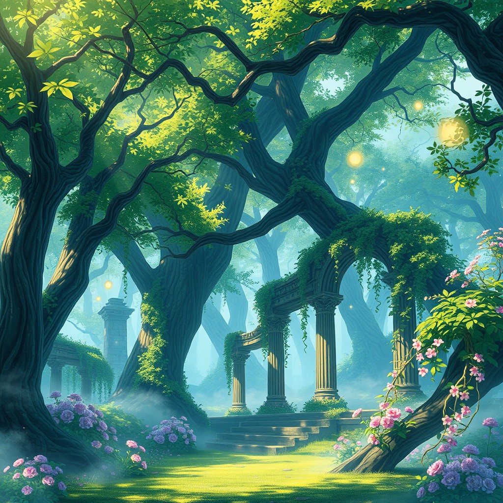 An enchanting anime forest scene featuring ancient ruins, partially covered by lush greenery and vibrant flowers