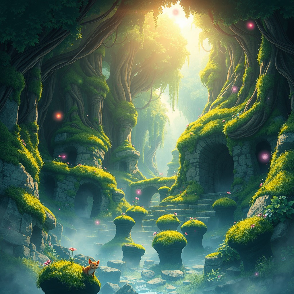 A mesmerizing anime-style background depicting the enchanting ruins of a sacred forest, filled with ancient stone structures covered in vibrant green moss and delicate flowers