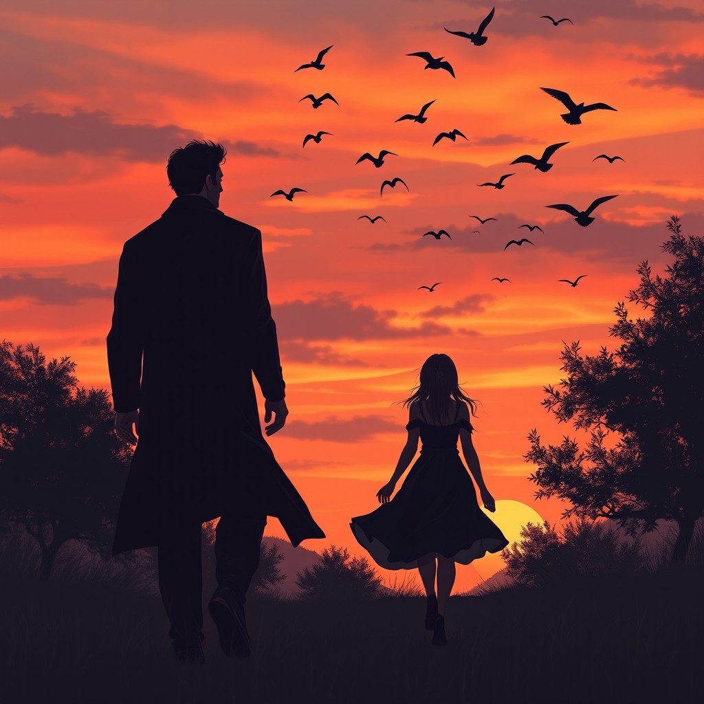 A poignant scene of a sad love story featuring two characters: a large, imposing man dressed in dark clothes, and a petite woman in a flowing dark dress