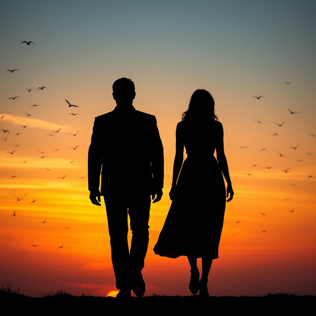 A symbolic sad love scene at sunset featuring a large male silhouette walking forward confidently, while a small female silhouette walks away behind him in the opposite direction