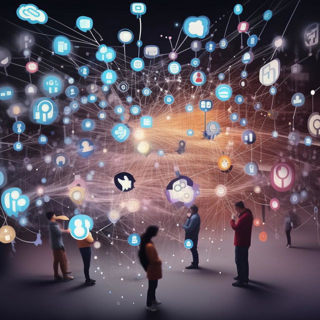 An intricate depiction of different individuals sharing and receiving information in a dynamic flow of interconnected social media icons and notification symbols.