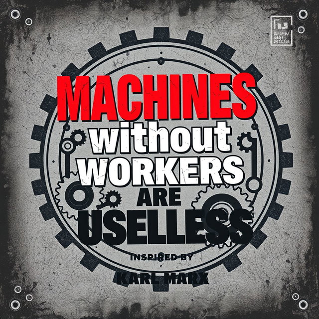 A bold and striking poster design featuring mechanical gears and industrial machinery, conveying the message "Machines without Workers are Useless" inspired by Karl Marx