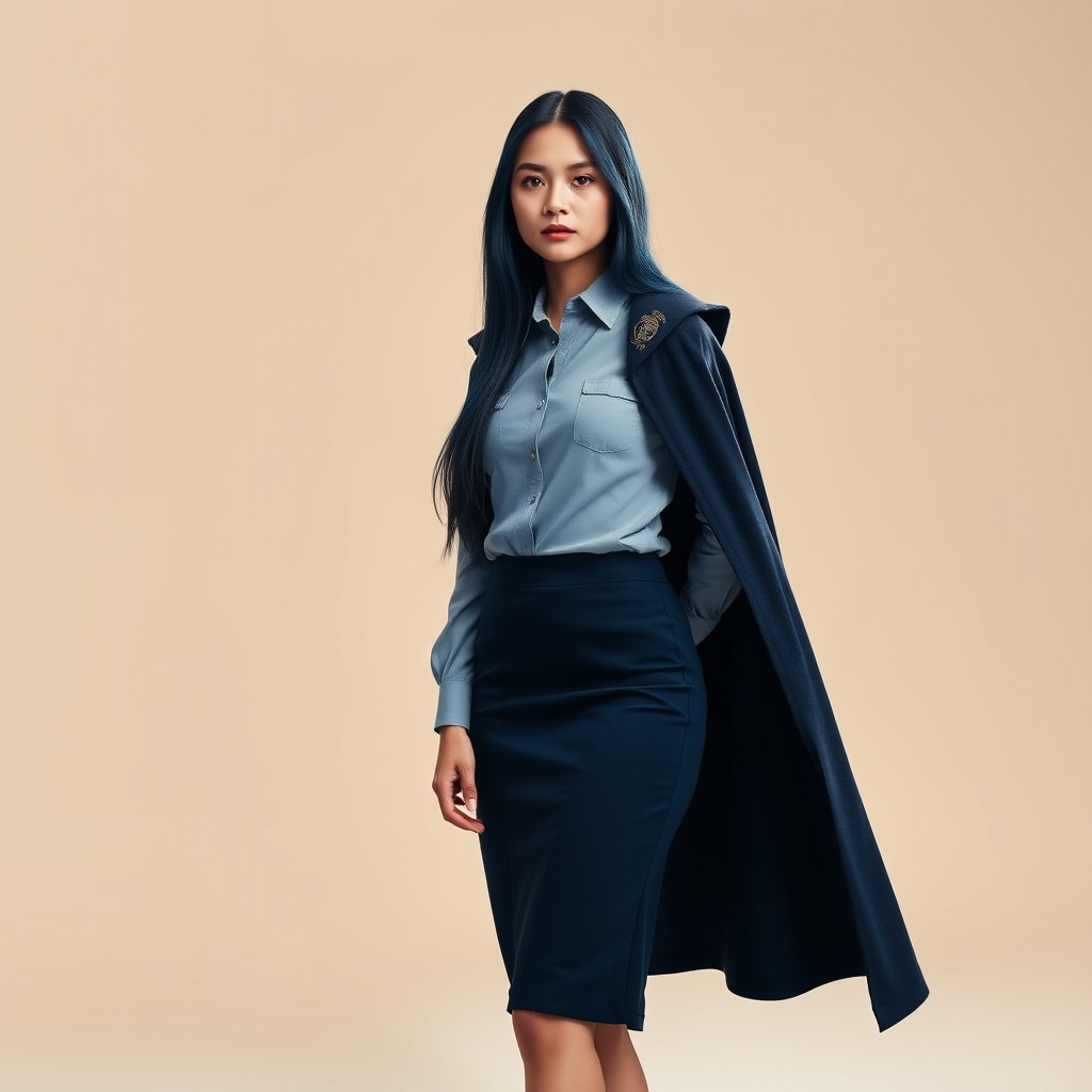 A full body portrait of an adult witch in her early twenties, wearing a modern Hogwarts University Ravenclaw uniform