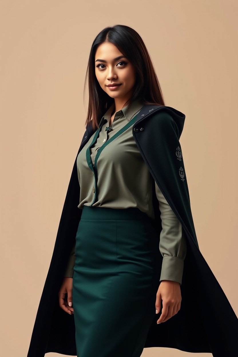 A full-body portrait of an adult witch in her early twenties, wearing a modern Hogwarts University Slytherin uniform