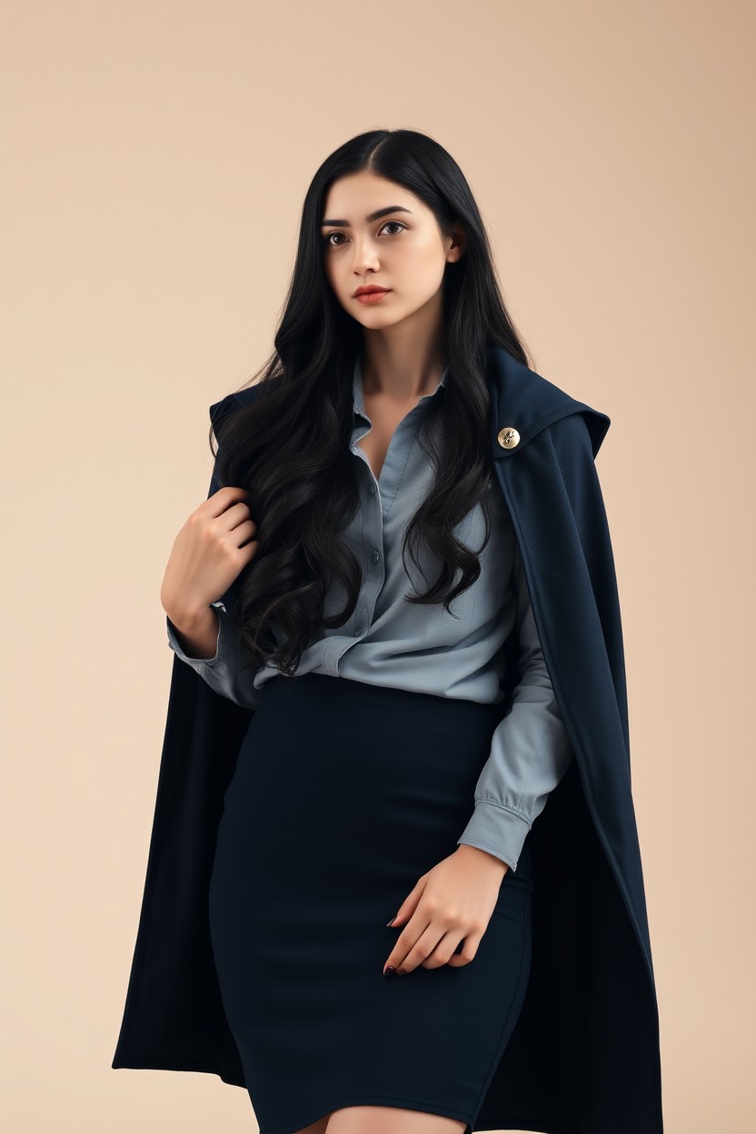 Full body portrait of an adult witch in her early twenties wearing a modern Hogwarts University Ravenclaw uniform