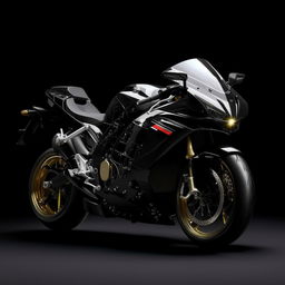 A superior sports bike rendered in high detail, its glossy finish reflecting light, standing alone against a studio background.