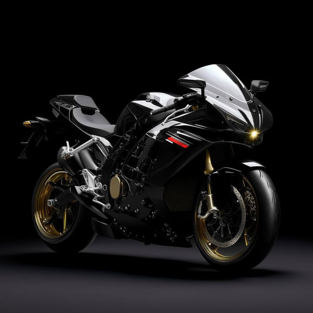 A superior sports bike rendered in high detail, its glossy finish reflecting light, standing alone against a studio background.