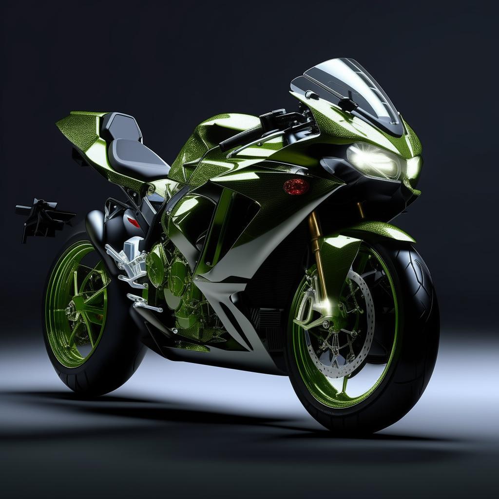 A superior sports bike rendered in high detail, its glossy finish reflecting light, standing alone against a studio background.